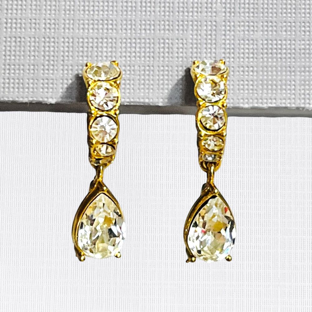 VTG Monet Rhinestone Hoop Earrings Dangle Pear Charm Gold Tone Pierced Formal